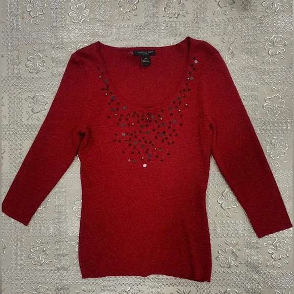 August Silk Red Metállic Sweater size PM shimmer Glam sparkle - Picture 1 of 6